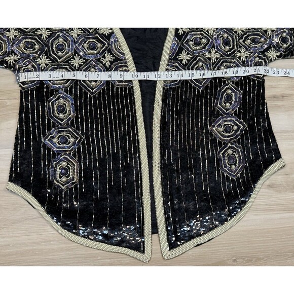 Vtg Oleg Cassini Sparkly Beaded Sequin Jacket Embellished Pearls Open Front Sz L - Picture 15 of 16